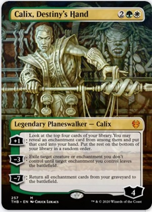 Image of the alternate art, borderless version of Calix, Destiny's Hand.