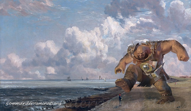 Painting of a coastline. Ships are sailing in the distance and fluffy clouds fill the sky. A giant is imposed in the foreground, poised to step on a small figure.