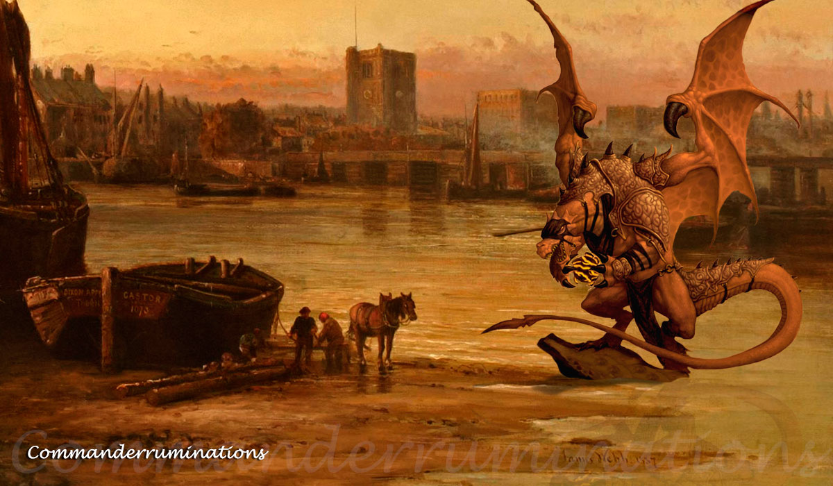 Painting of a river bank in Chelsea with overtone of yellow. A dragon perches on a rock on the bank in the foreground.