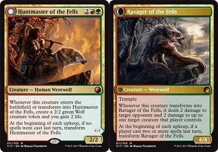 The Magic card Huntmaster of the Fells and its flip side, Ravager of the Fells.