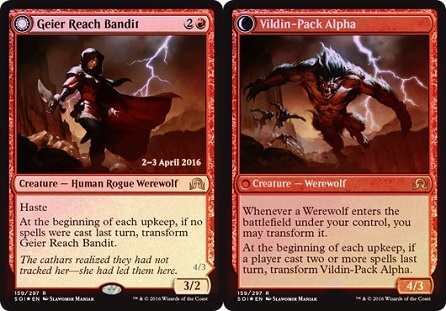 The Magic card Geier Reach Bandit and its flip side Vildin-Pack Alpha.