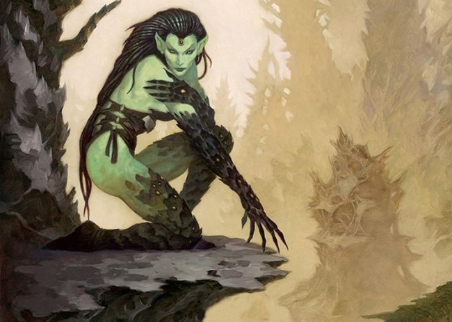Painting of a green-skinned, elven woman with black braids in a jagged metallic landscape