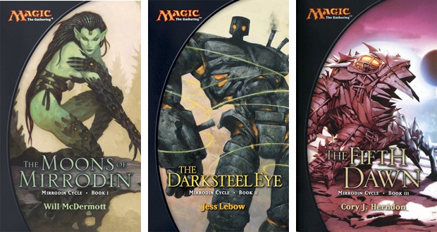 A spread of the covers for the three Magic Mirrodin block novels