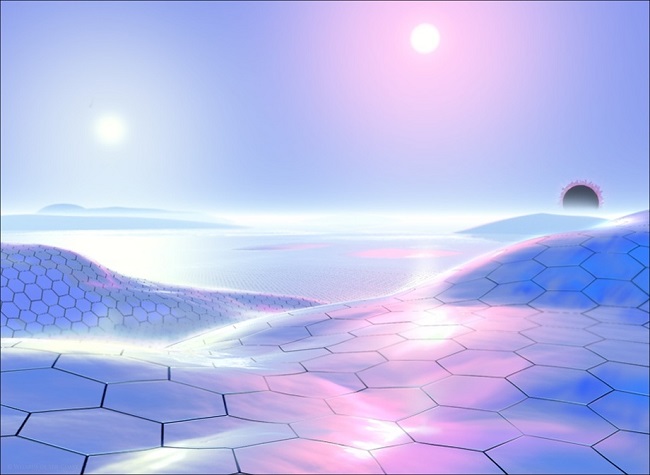 Painting of metallic, hex-grided, rolling hills with three colored suns