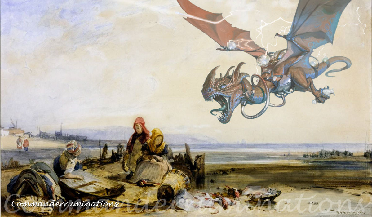 Painting of a group of people lounging on near a coastline with a dragon-like creature diving toward them in the sky