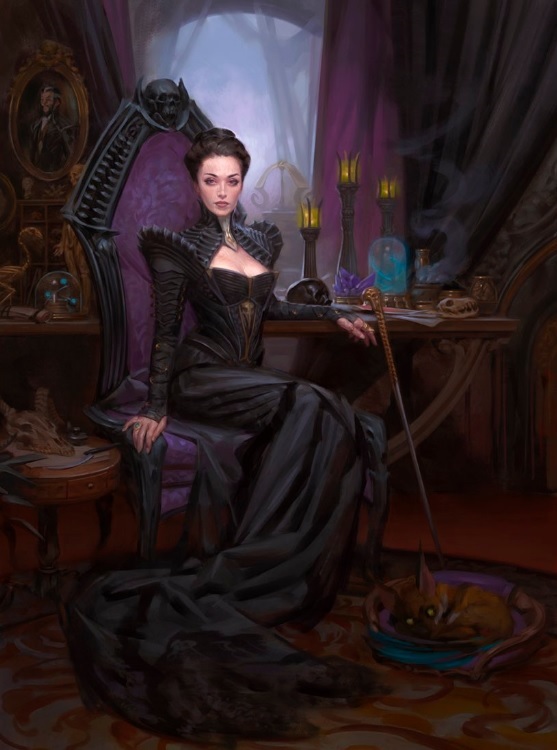 Painting of a woman in a long black dress seated in a high-backed chair