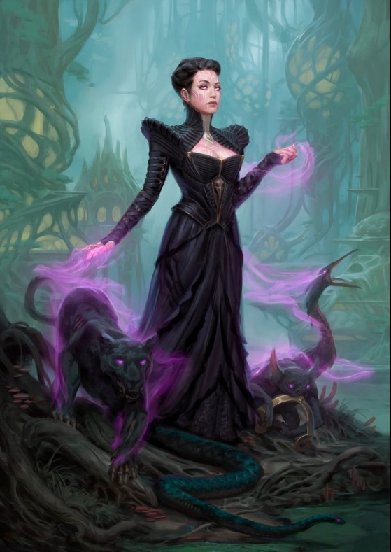 Painting of woman in a long, black dress wielding purple magic to raise animals from the dead
