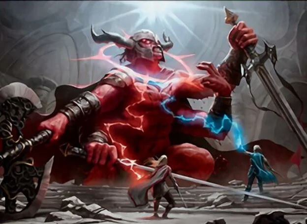 Image of a large four-armed humanoid doing battle with two magic wielding mages
