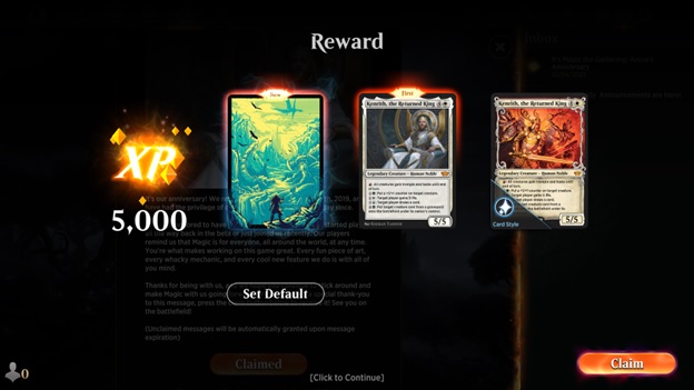 Image depicting rewards distributed in Magic: The Gathering Arena for the Five Year Anniversary