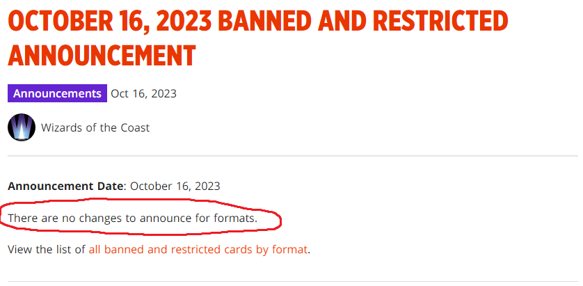 Screenshot showing the banned and restricted update article from Wizards of the Coast