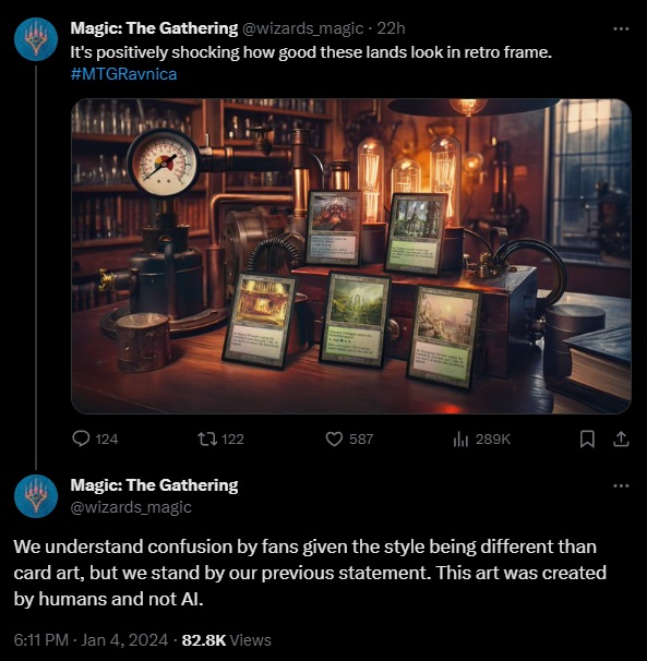 Image of a post from Wizards of the Coast on Twitter (X) of an ad with the telltale signs of AI use.